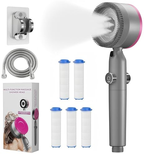 Searoads-Duschkopf mit Filter,Duschbrause mit Schlauch,Handbrause mit Stoppfunktion,Hochdruck Handbrause mit 4 Strahlarten,Sparduschkopf mit Antikalk-Funktion und Halterung*1,Ersatzfilter*5,Grau L