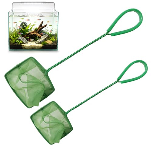 CHULIN 2 Stück Aquarium Kescher Fischnetz Garnelen Fangnetz, Aquarium Netz mit geflochtenem Metallgriff Grünes Fischnetz Weiches Feinmaschiges Reinigungsnetz für Aquarien Kleine Koi-Teiche Pools