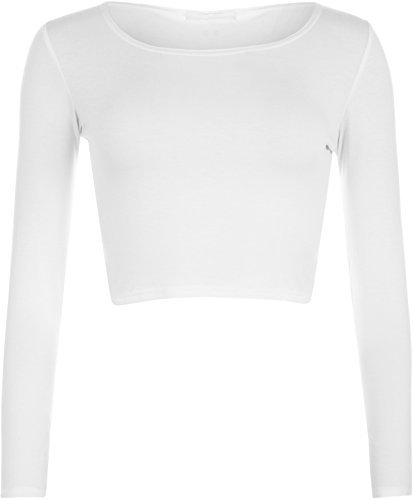 Womens Crop Long Sleeve T Shirt Ladies Short Plain Round Neck Top - White - 12/14