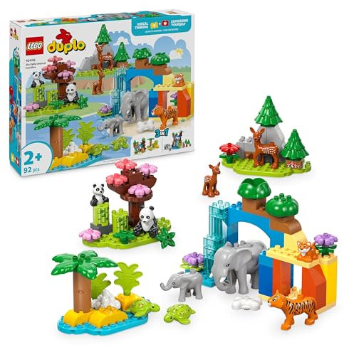 LEGO DUPLO Famiglie di Animali 3 in 1 - Gioco Didattico per Bambini e Bambine dai 2 Anni in su - Include figure di Tartaruga Giocattolo, Tigre, Elefante, Cervo e Panda con Habitat Costruibile - 10446