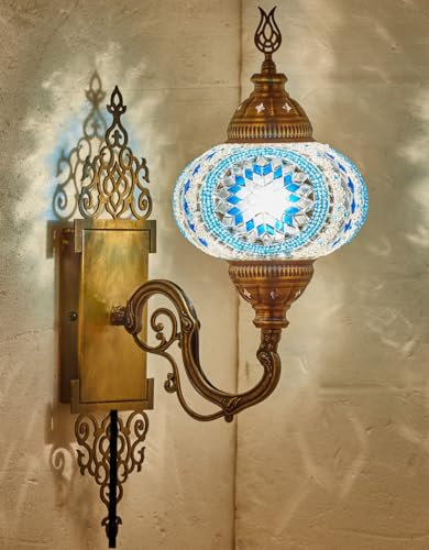 Applique murale à brancher en mosaïque marocaine turque, globe en verre de style Tiffany, base en laiton ornée, cordon de 1,6 m, éclairage décoratif pour salon, chambre, salle à manger, cuisine, 38,1