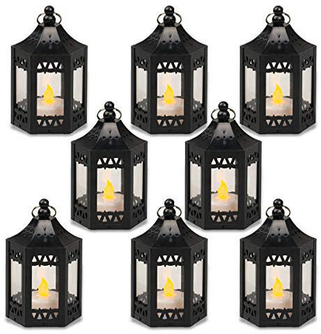 zkee Mini Star Lantern with Flickering LED,Battery Included,Christmas Decorative Indoor Candle Lantern（Set of 8,Black）