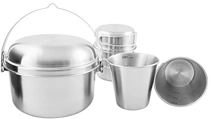 Tatonka Camping-Kochgeschirr Mini Set II (6-teilig) - Edelstahl-Geschirr mit Topf, Deckel und drei Trinkbechern - Inklusive Transportbeutel - Schadstofffrei & lebensmittelecht
