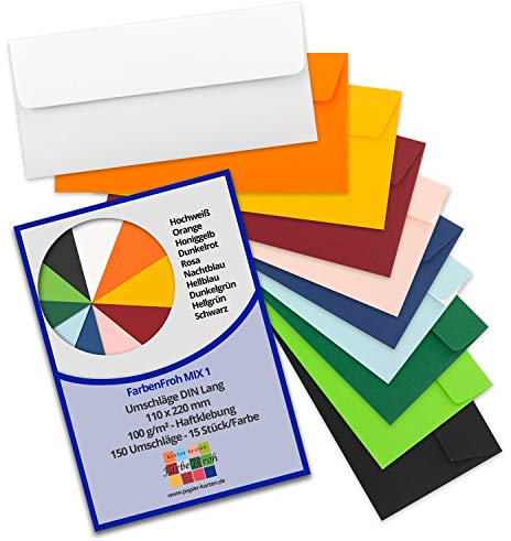 150 Brief-Umschläge DIN Lang - Farbenmix-Paket 1-100 g/m² - 11 x 22 cm - sehr formstabil - Haftklebung - Qualitätsmarke: FarbenFroh by GUSTAV NEUSER