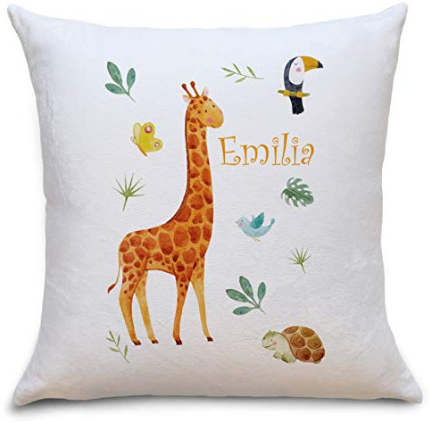 OWLBOOK Giraffe Safari Flauschiges Kissen mit Füllung Personalisiert mit Namen Geschenke Geschenkideen zur Einschulung für Mädchen oder Jungen zum Geburtstag
