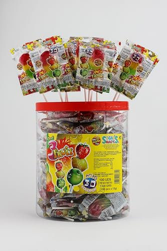 3Fruit. Piruleta con forma de semafóro. Sabores frutales. Bote 100 uds con envuelto individual.