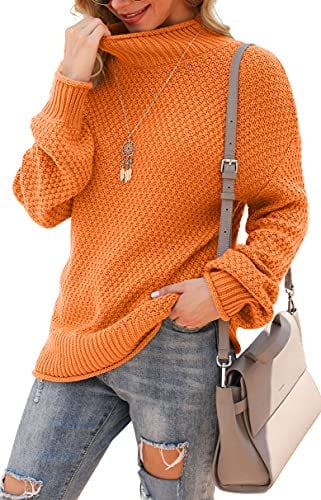 YUNDAI Womens Jumpers Turtleneck Batwing Long Sleeve Loose Oversized Sweater Knitted Pullover Solid Color Chunky Tops for Winter, Medium Orange