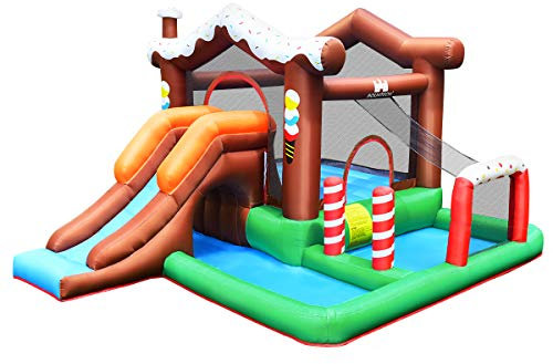 COSTWAY Casa Inflable, Castillo Inflable con Tobogán, Pared para Escalar, Red Protectora, Bolsa de Transporte, Aro de Baloncesto, Materiales Seguros, Divertirse Saltando (sin Soplador)