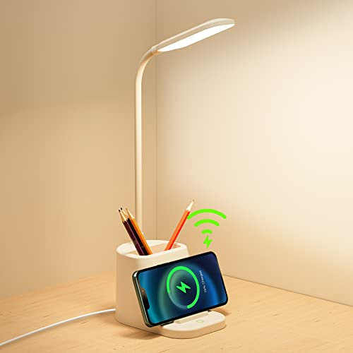 YAMYONE LED Schreibtischlampe mit kabellosem Ladegerät, Stifthalter Tischlampe, 3 Farben Stufenlos Dimmbar Touch-Steuerung, Schwanenhals Studienlampe (Benötigt 5V3A-Adapter)