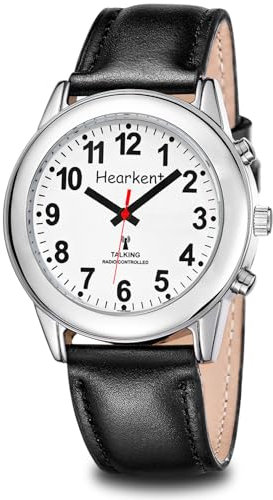 Hearkent Herren Sprechende Uhr mit Deutscher Sprachausgabe,Seniorenuhr Funkuhr Blindenuhr Sehbehindertenuhr,Uhren mit Lederarmband(Silber schwarz, Männergröße)