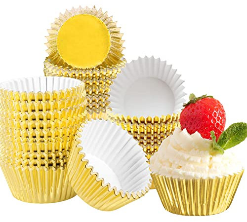 100 Pcs Gold Cupcake Cases, Metallic Foil Lined Muffin Wraps Cases for Baking-Disposable Baking Cups on Weddings Birthdays Party