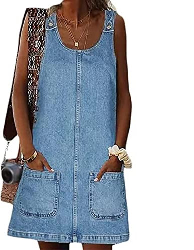 Sawmew Denim Donna Senza Maniche Abito di Jeans Estiva Casual Gonna Corta Moda Buco Strappato Vestito Scamiciato di Jeans (Color : Blue, Size : XL)
