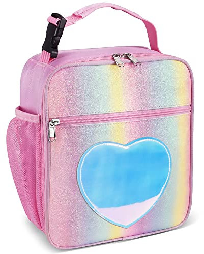 GRKJGytech Insulated Lunch Bag for Kids Girls Pink Rainbow Glitter Portable Leakproof Kids Lunch Box for Women Food Drink Pack Cooler Bag for Work School Picnic Camping
