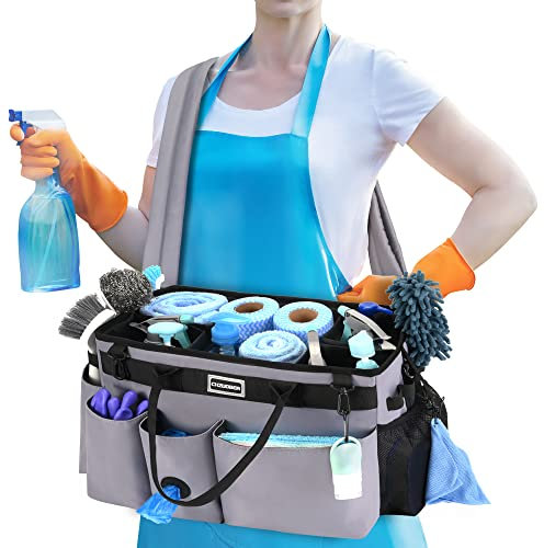 CHZUOBER Large Cleaning Caddy Organizer with Handle, Sponge Shoulder Strap Cleaning Supplies Organizer with Foldable Dividers Zipper Pocket Cleaning Supply Caddy for Cleaners Housekeepers