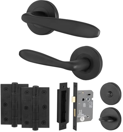 EAI Matt Black Door Handles with Bathroom Lock 80mm, Hinges - Sarno | Complete Bathroom Kit with 1 Pair of Round Rose Door Handles, 80mm Lock, 76mm Hinges and Thumb Turn Set, Fixings Included