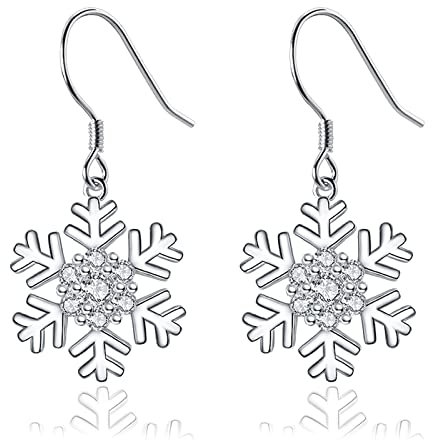 Josfeva Weihnachten Ohrringe Silber 925 Hängend, Schneeflocke Ohrhänger Lang Mit Weiß Zirkonia, Damen Schmuck Mit Geschenkbox, Weihnachts Geschenk für Freundin