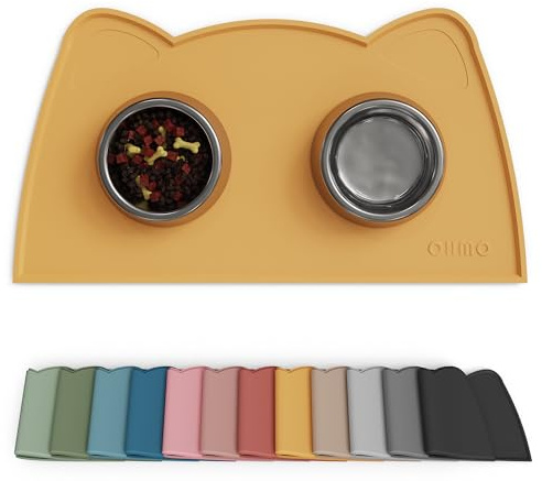 OHMO Napfunterlage für Kleine Hunde und Katze, 46x25cm, Unterlage für Katzennapf, rutschfeste Futterunterlage aus Silikon, Wasserdicht, Honig