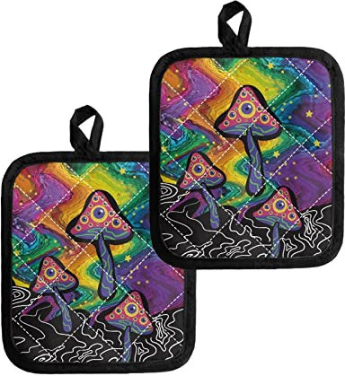Jndtueit Hippie Pilz-Topflappen 2 Sets, bunte Pilze, waschbarer Topflappen zum Kochen und Backen, mehrfarbig für Grillen, Kochen, Backen, Grillen, Mikrowelle, Grillen