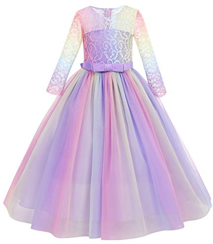 IWEMEK Flower Girls 3/4 Sleeve Floral Lace Tulle First Communion Pageant Dresses Kids Big Girls Princess Birthday Carnival Christmas Bridesmaid Wedding Party Prom Ball Gown 2-14 Years