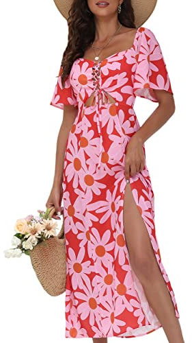 Sommer Floral Midi Kleid Damen, Boho Sonnenkleid Glocke Kurzarm Quadratischer Ausschnitt Tie Front Cutout Split für Becah Urlaub Casual, Pink, Klein