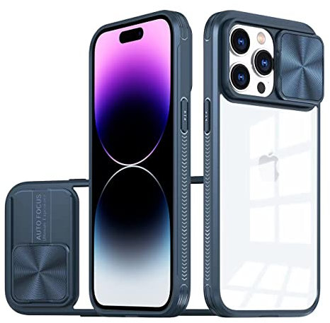 LIUKM Coque Compatible avec iPhone 14 Pro, Cache Camera Protection, Étui avec Cache Caméra Coulissante, composé d'un Dos en PC et d'un Cadre en TPU - Bleu