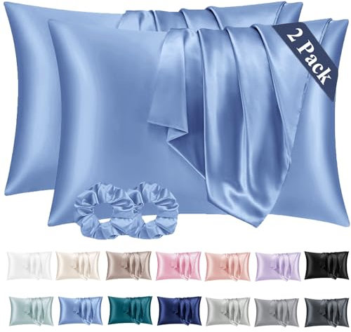 Vielit 2er Set Satin Kissenbezug 40 x 80 Blau, Weich wie Seidenkissenbezug 40x80,Bessere Pflege als Silk Pillosecase,Satin Kopfkissenbezug Kissenhülle für Haar und Haut mit 2 Haargummis