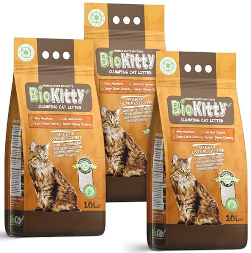 BioKitty Clumping Cat Litter, 30L Highly Absorbent Natural Bentonite Minerals Cat Litter, Long Lasting Odour Control, Maximum Hygiene with Strong Cat Litter Clumping, 3x8.5kg/30L 3 bags (aloe vera)
