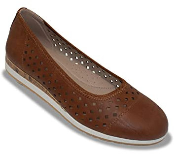 Dr Keller Ladies Wide E Fit Punchwork Ballerina Shoes – Nubuck Effect Comfort Flats with Cutwork & Cork Wedge Trim Tan 3