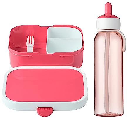 Mepal Lunchset Campus Flip-up Trinkflasche Wasserflasche für Kinder mit Strohhalm Bento-Brotdose mit Einsatz & Mini-Gabel kohlensäuregeeignet auslaufsicher pink