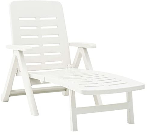 Homgoday 1225 Chaise longue pliante en plastique blanc inclinable pour jardin, plage, terrasse, piscine et camping