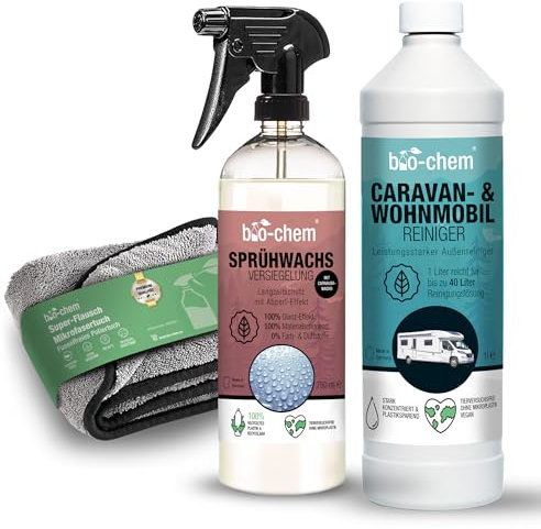 bio-chem Wohnmobil Außenpflege Set 3-teilig: Sprühwachs-Versiegelung 750 ml + Caravan & Wohnmobil-Reiniger 1 L extra Starkes Konzentrat + Premium Mikrofasertuch, professionelle Reinigung & Pflege