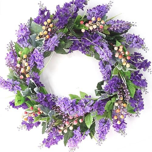 20 Inch Lavender Wreaths for Front Door Artificial Farmhouse Wreaths with Berries Flower and Green Leaves Spring Summer Floral Wreath for Wall Window Party Indoor Outdoor Decor (Purple)