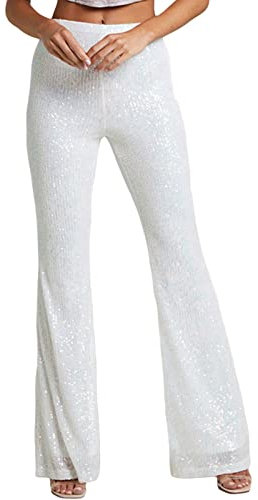 Aunaeyw Frauen Pailletten Breites Bein Hosen Hohe Taille Sparkle Glitter Hosen Glitzer Elastische Lose Flare Bell Bottom Glänzende Hose, Silber1, S