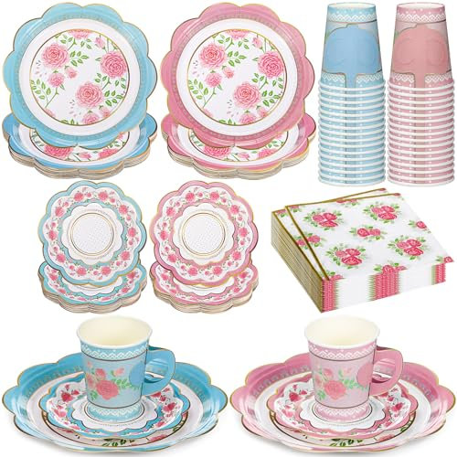 FillTouch 200 Pcs Floral Paper Tea Cups & Saucers Set, Serves 50, 9 oz Cups with Handle, Plates, Napkins for Tea Party Decorations