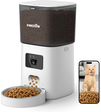 Automatic Cat Feeder - 5G WiFi 6L Cat Food Dispenser with App Control, Timer, 1080P HD Video, Night Vision, Voice Recording, Up to 20 Portions, 12 Meals Per Day