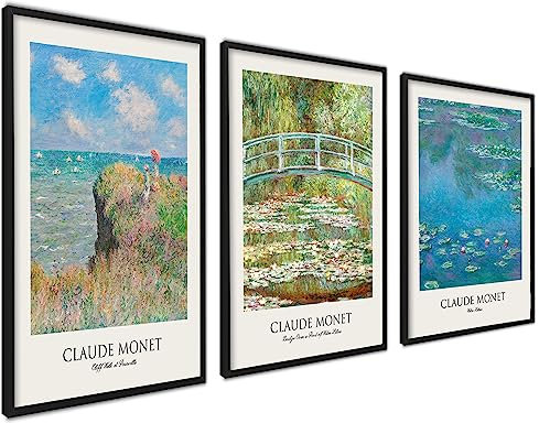 Claude Monet Poster Set | 3 Stück 50x70cm mit Rahmen Schwarz | Botanische Wasserlilien Paintings Wanddeko Wall Art.