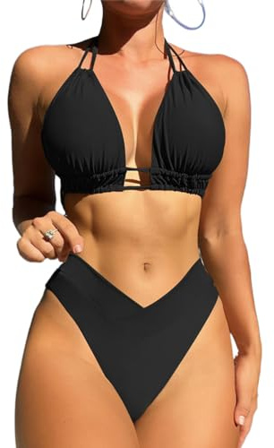 Bikinis Mujer Push Up Elegante Traje de baño de Mujer de Dos Piezas Push Up Halter Bikini Estampado Cuello de V Bañadores Sexy Bikini y Deportivo de Cintura