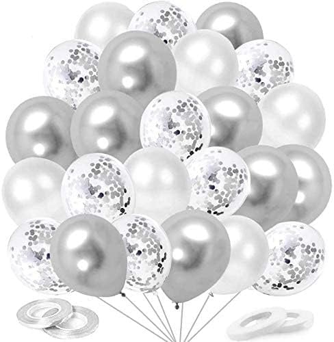 Luftballons Silber Klare Gelbe Off-white,60 Stück Konfetti Silber Ballons 12 Zoll, Hochzeitsballons Metallic Silber Balloons mit Bändern für Geburtstag Hochzeit Babyparty Valentinstag Silvester Deko