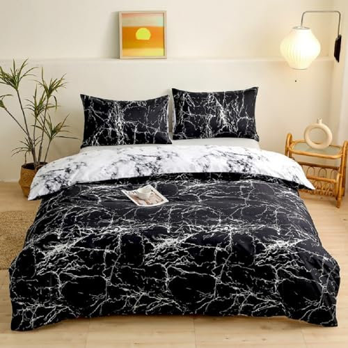 Luofanfei Schwarze Weiße Bettwäsche Baumwolle 200x220 Marmor Optik Bettwäsche Set Doppelbett Marmor Bettbezug 220x200 und 2 Kissenbezüge 80x80 cm mit Reißverschluss Weich und Bügelfrei