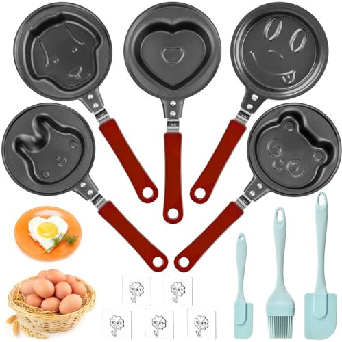 GZhaizhuan 5 Stk Mini Spiegeleipfanne, Kreative Eierpfanne mit Griff, Welpe/Pentagramm(Zufällig)/Herz/Hase/Smiley/Panda, Antihaft Eierbratpfanne, mit 3 Silikonspatel, 5 Haken