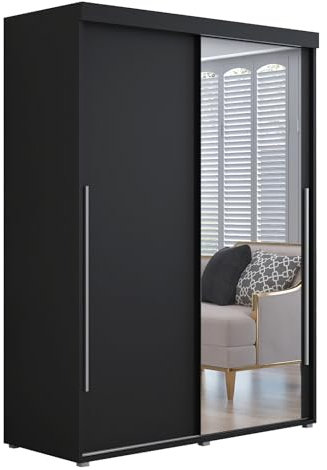 Meble Slupia - Garderobenschrank - Kleiderschrank mit Spiegel und Schiebetüren - 140x202x62cm - Kleider Schrank Schlafzimmer mit Kleiderstange - IGA 01 Schwarz, Griff Silber