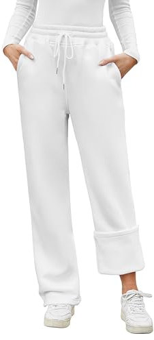 PASUDA Pantalon Jogging Femme Pantalon Polaire Hiver Automne Chaud de Sport Sportswear Coton Taille Haute avec Cordon de Serrage Décontracté Sweatpants Yoga avec 2 Poches (Blanc, S)