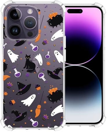 XIMIZU Clear Halloween Case for iPhone 14 Pro Ghost Cat Design,Cute Cell Cover for Girls Women Slim Thin Soft Silicone Anti-Shock Phone Case for iPhone 14 Pro