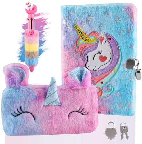 Beihre Unicorn Tagebuch mit Schloss, Plüsch Notizbuch Set mit Code Geheime Private Tagebuch Buch mit Stift Tasche für Kinder die zur Schule Zurückkehren (Blau)
