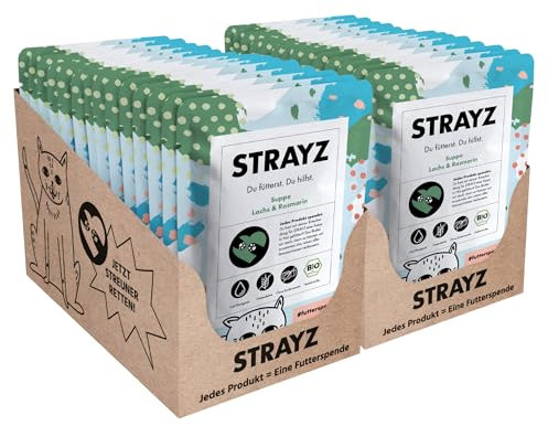 STRAYZ - Bio Katzensuppe für Katzen Lachs & Rosmarin – cremiger Flüssigsnack, Katzenleckerlis, Suppe für Katzen ohne Zucker & Getreide (28×40g)