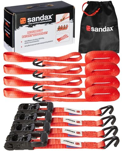 Sandax Lot de 4 sangles d'arrimage de 6 m de long et 35 mm de large, LC 1000 daN, STF 200 daN, sangles d'arrimage en deux parties avec cliquet, sangles à cliquet pour sécuriser le chargement pour