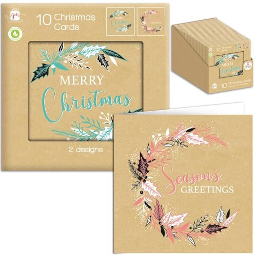 Giftmaker Quadratische Weihnachtskarten für Familie und Freunde, 2 Designs, Kraftpapier, Weihnachtsmann und Schneemann, Cartoon, 10 Stück
