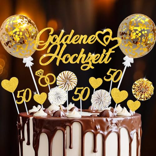 Tortendeko Goldene Hochzeit, 20 Stück Glitzer 50. Hochzeitstag Kuchendeko, Cake Topper Goldene Hochzeit Geschenke