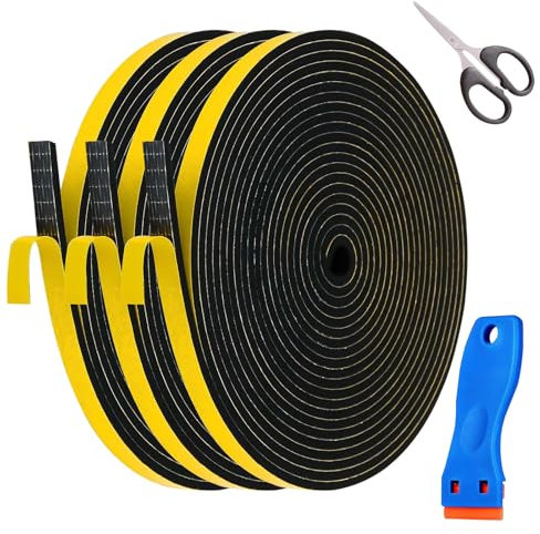 lafo Cinta de sellado autoadhesiva para puertas y ventanas, 3 rollos de 7 mm (ancho) x 2 mm (diámetro), cinta de sellado de vitrocerámica de 10 m con pequeño rascador y tijeras, goma espuma negra