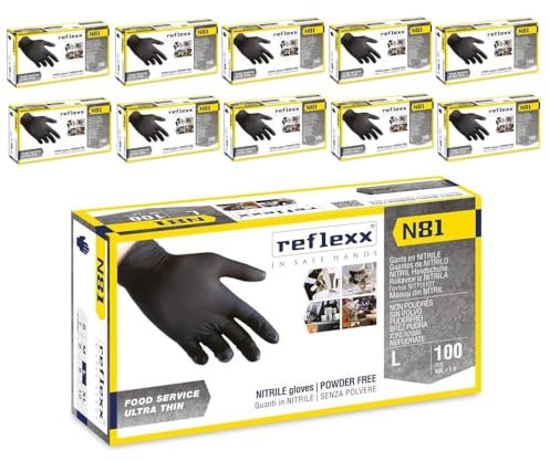 Guanti Nitrile Nero Reflexx N81, Guanti Monouso Nitrile (100/300/1000 Pezzi) Guanti Usa e Getta per Alimenti, Uso Ho.Re.Ca. (1000 Pezzi, Taglia XL)